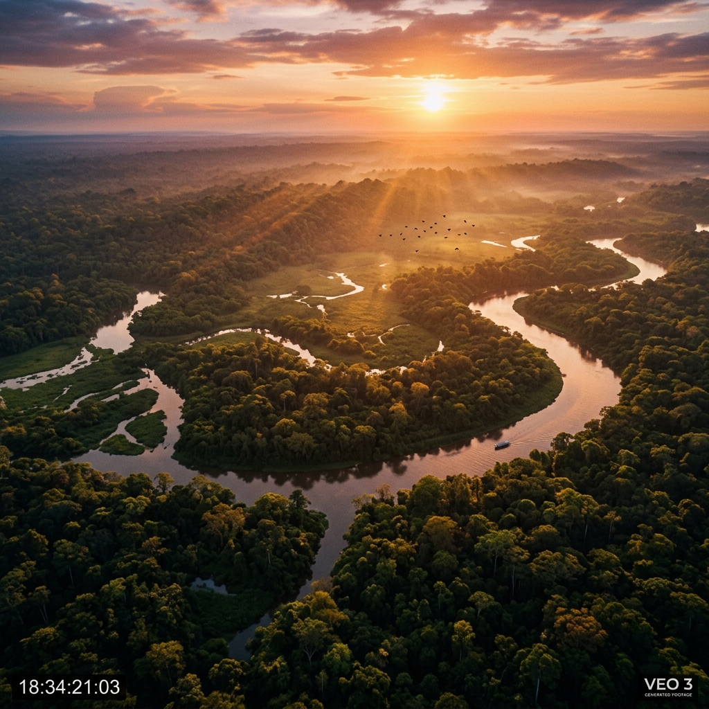 Vídeo IA — Vista aérea da Amazônia gerada com VEO 3